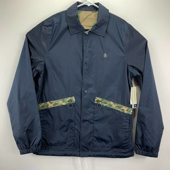 Original Penguin Mens Patch Pocket Coach Reversible Printed Jacket Navy Blue L - Picture 1 of 6